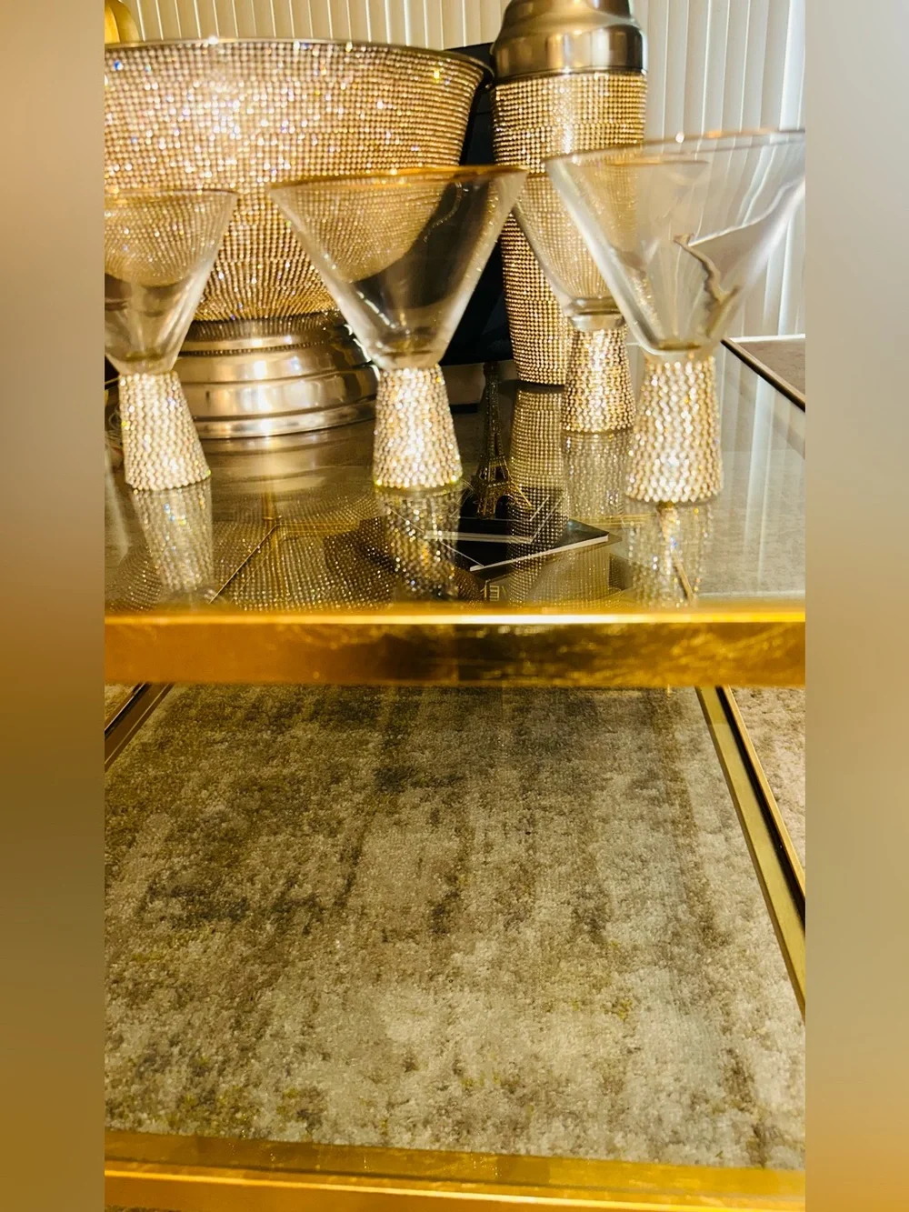 Cocktail party Set! Gold Rhinestone Champagne bucket, 4 Martini Glass & Shaker